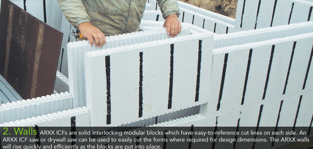 2. Walls - ARXX ICFs are solid interlocking modular blocks which have easy-to-reference cut lines on each side. An ARXX ICF saw or drywall saw can be used to easily cut the forms where required for design dimensions. The ARXX walls will rise quickly and efficiently as the blocks are put into place.     