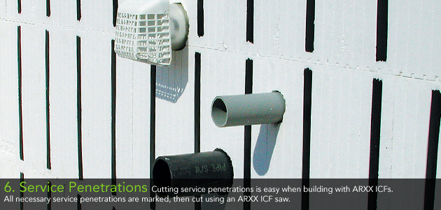 6. Service Penetrations - Cutting service penetrations is easy when building with ARXX ICFs.  All necessary service penetrations are marked, then cut using an ARXX ICF saw.